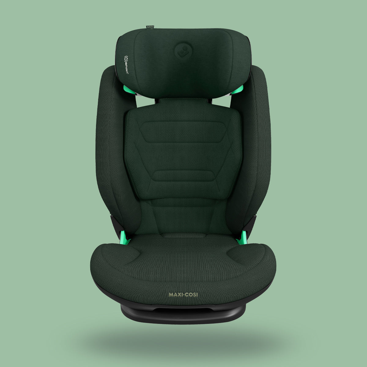 Front view of a dark green Maxi-Cosi RodiFix Pro² child car seat on a soft green background.