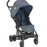 Gray baby stroller with black wheels on a white background.