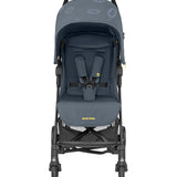 Gray baby stroller with visible Maxi-Cosi branding on a white background.