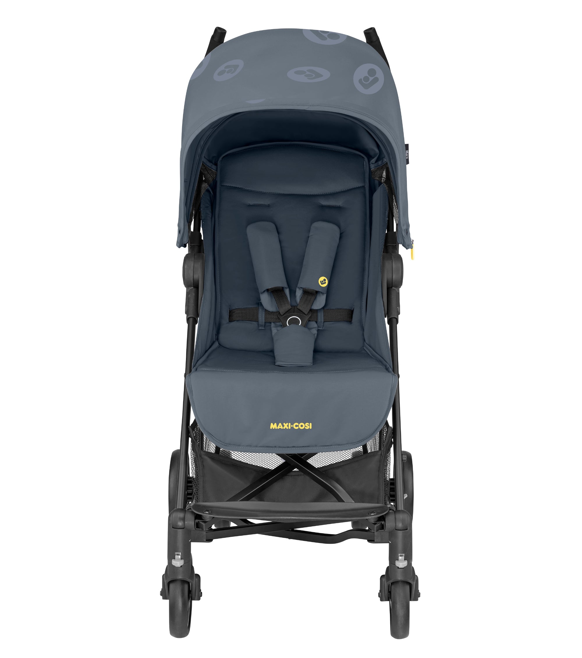 Gray baby stroller with visible Maxi-Cosi branding on a white background.