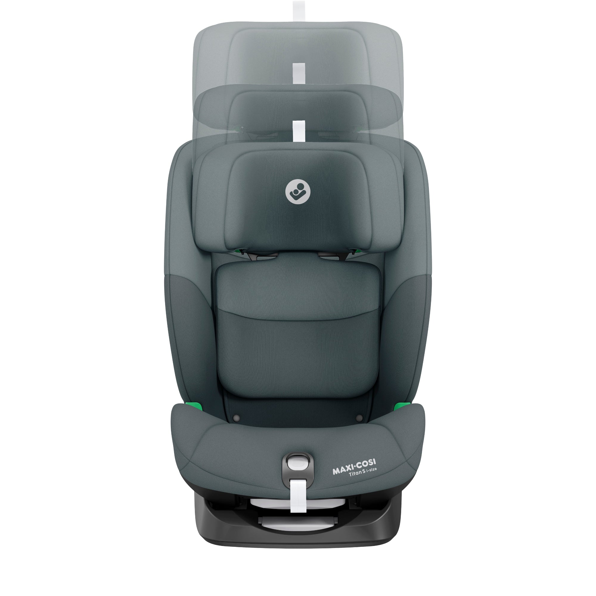 Gray car seat with Maxi-Cosi logo on a white background.
