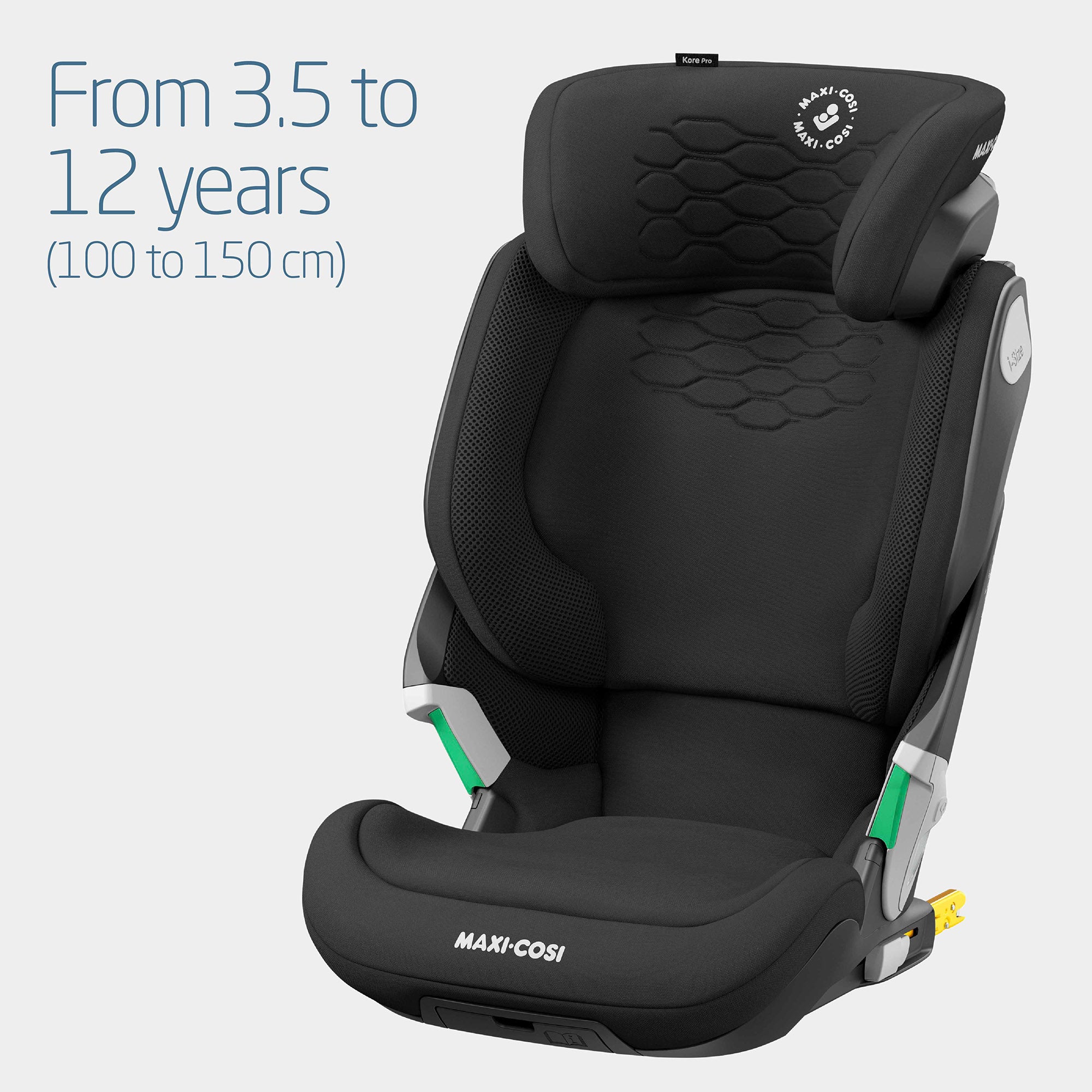 Black Maxi-Cosi child car seat with text indicating age range and height range on a white background.