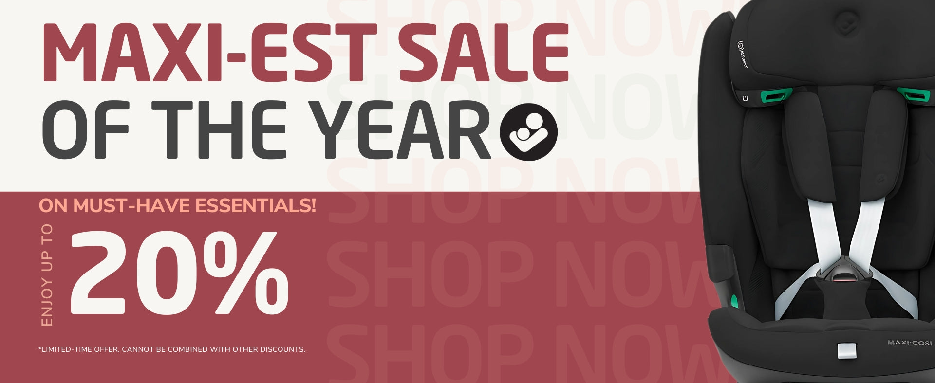 Promotional banner for Maxi-Cosi car seat sale with text and car seat image.