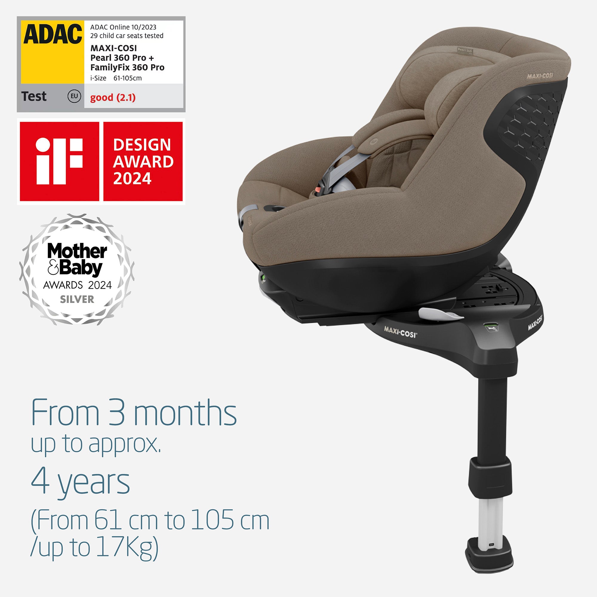 Maxi-Cosi Pearl 360 Pro car seat with awards on a white background.