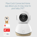 White baby monitor with awards on a white background, featuring text about Maxi-Cosi's Connected Home app.