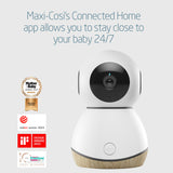 White baby monitor with awards on a white background, featuring text about Maxi-Cosi's Connected Home app.