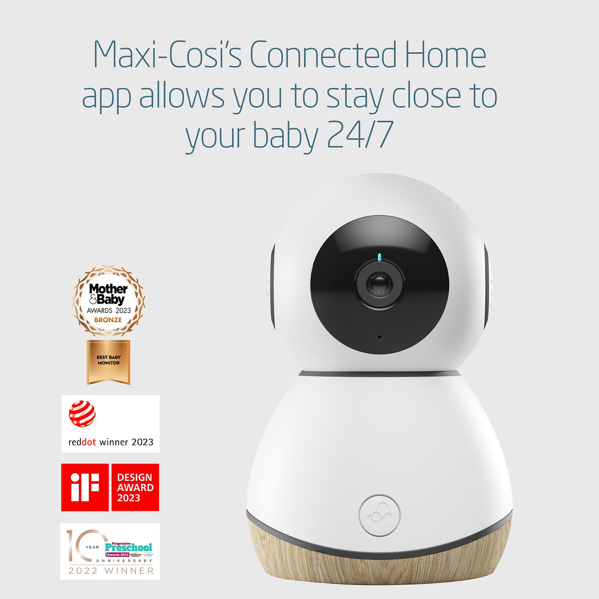 White baby monitor with awards on a white background, featuring text about Maxi-Cosi's Connected Home app.