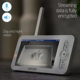 Maxi-Cosi video monitor with screen displaying a baby and text about streaming data encryption and day and night vision.