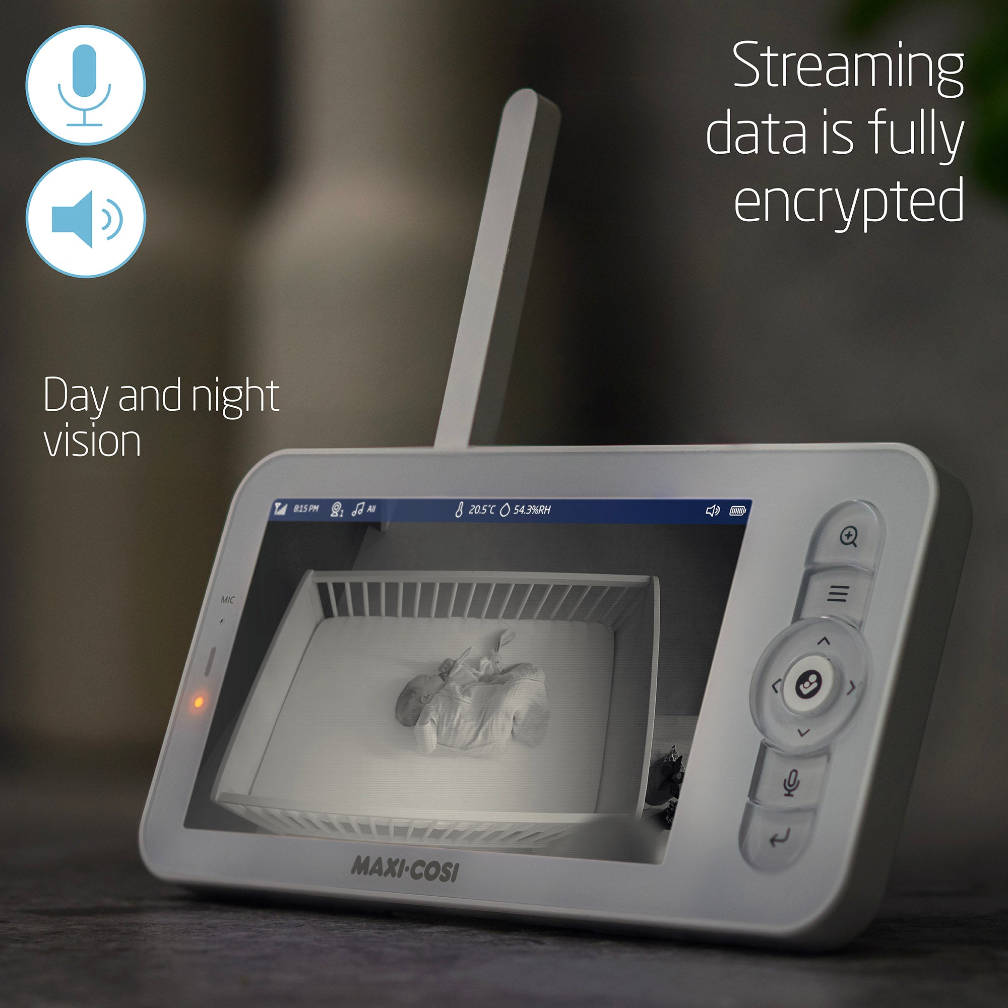 Maxi-Cosi video monitor with screen displaying a baby and text about streaming data encryption and day and night vision.