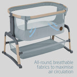 Portable crib with text about breathable fabrics and air circulation on a gray background