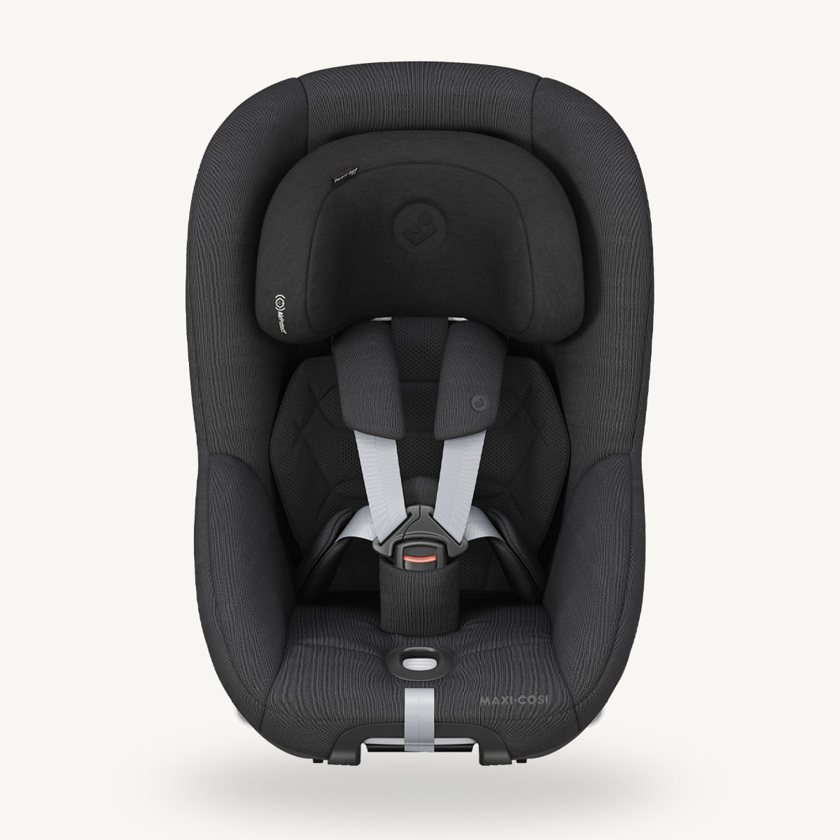 A black Maxi-Cosi Pearl 360 Pro toddler car seat with a five-point harness system.