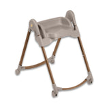Baby high chair with beige seat and brown legs on a white background.