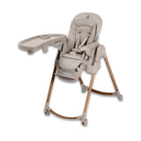 Beige baby high chair with tray on a white background.