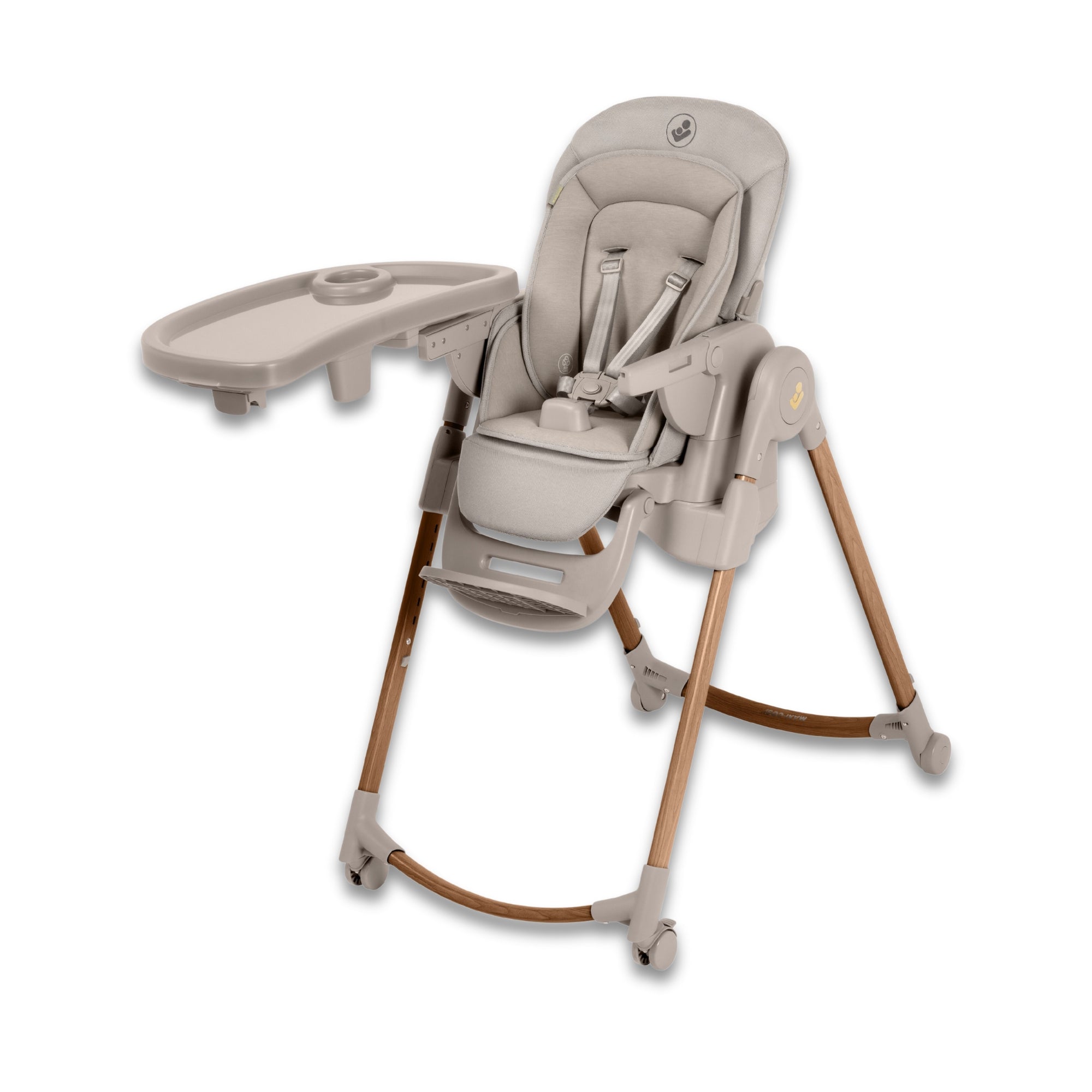 Beige baby high chair with tray on a white background.