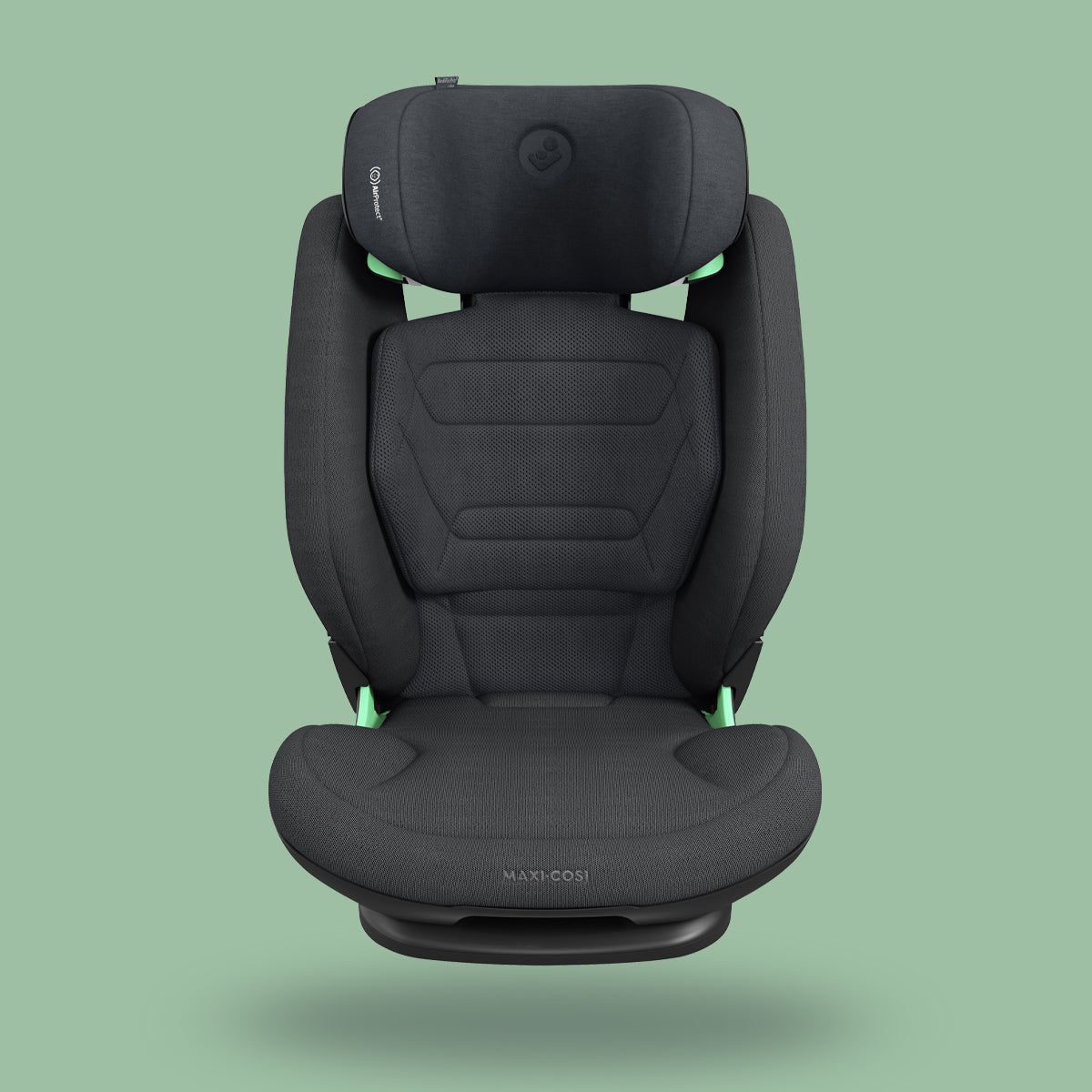 A black Maxi-Cosi RodiFix Pro² i-Size child car seat against a green background.