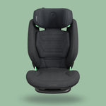 A black Maxi-Cosi RodiFix Pro² i-Size child car seat against a green background.