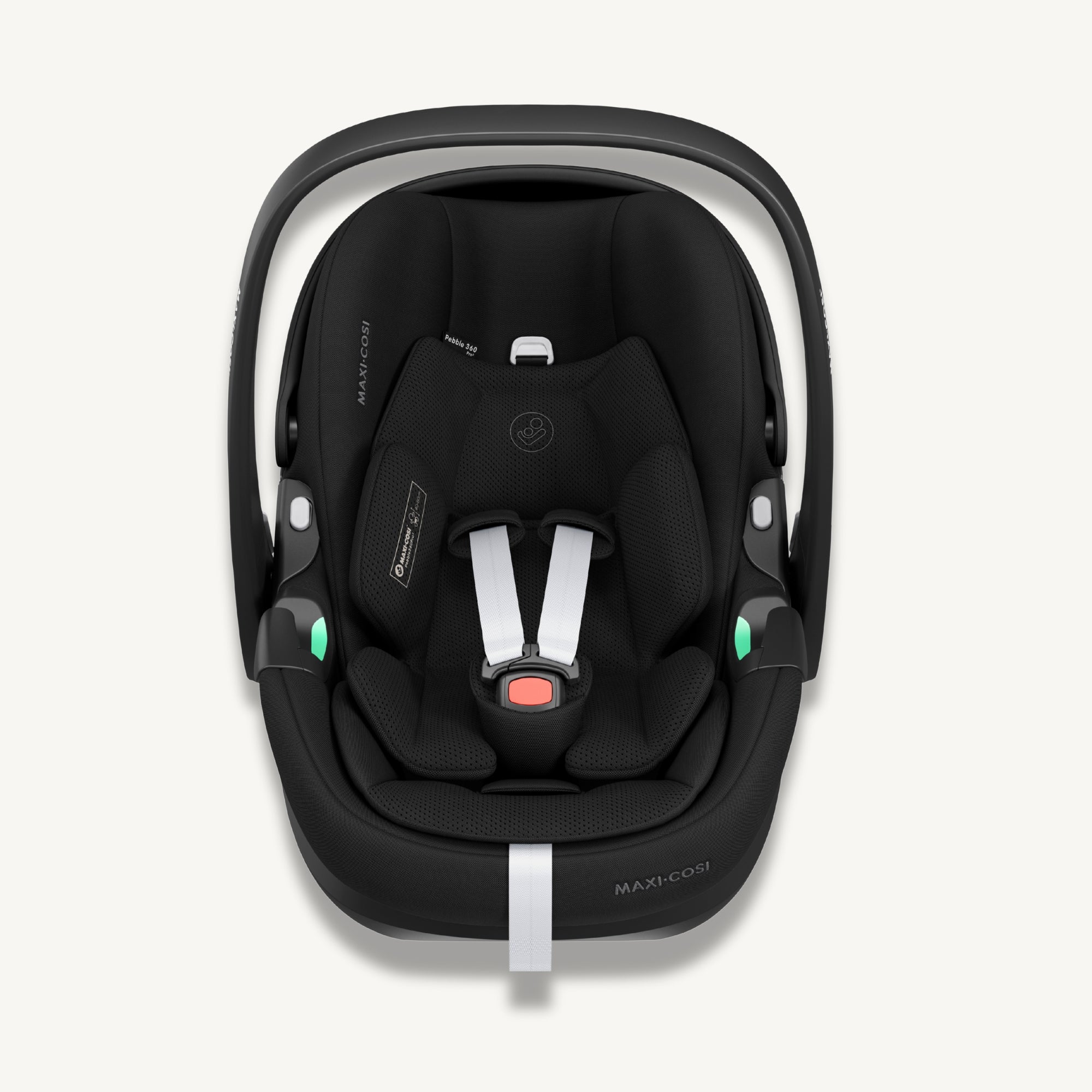 A black Maxi-Cosi Pebble 360 Pro2 baby car seat designed for newborns with a full lie-flat recline.