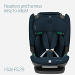 Navy blue Maxi-Cosi car seat with adjustable headrest and harness on a light gray background.